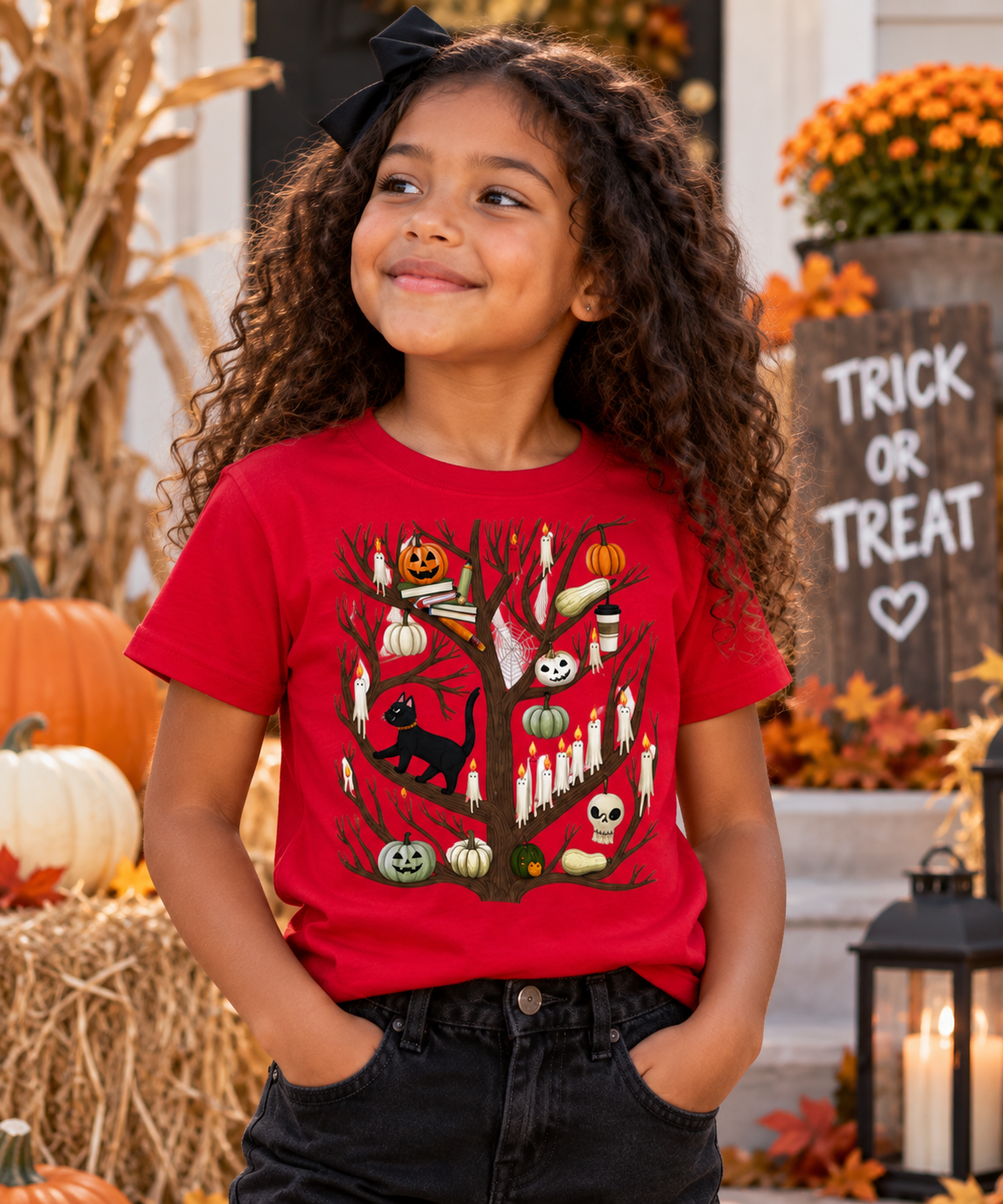 Kids Halloween T-Shirt, Ghost Pumpkin and Black Cat Design