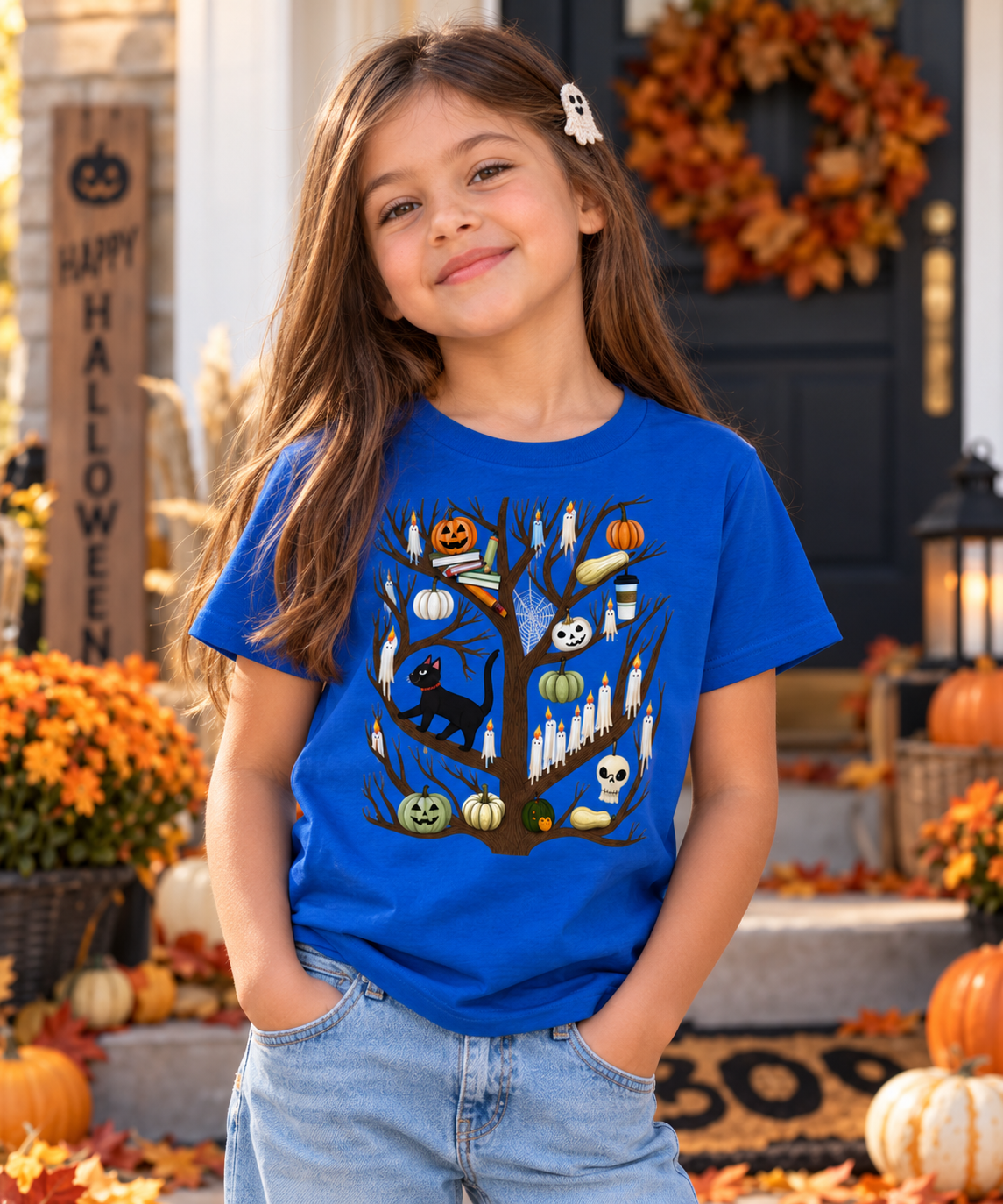 Kids Halloween T-Shirt, Ghost Pumpkin and Black Cat Design