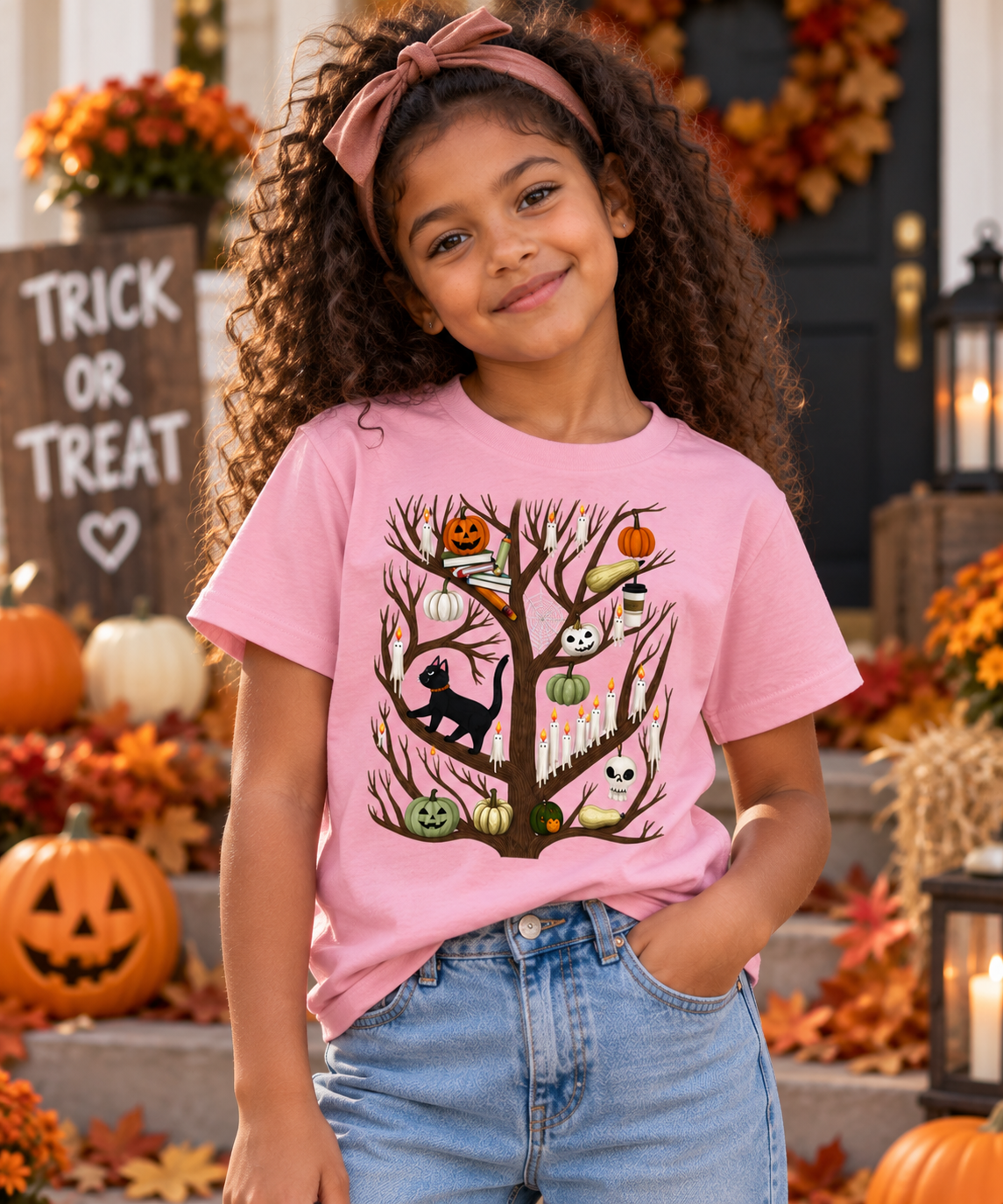 Kids Halloween T-Shirt, Ghost Pumpkin and Black Cat Design