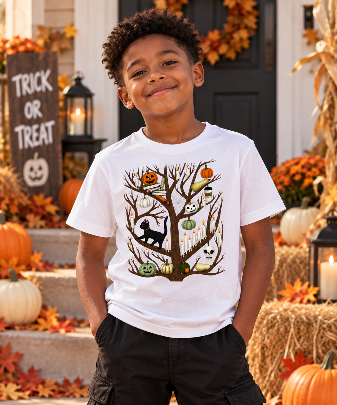 Kids Halloween T-Shirt, Ghost Pumpkin and Black Cat Design