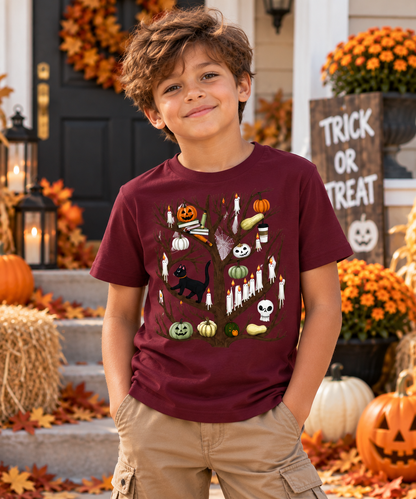Kids Halloween T-Shirt, Ghost Pumpkin and Black Cat Design